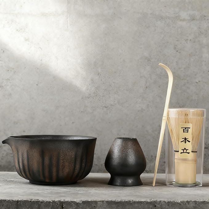 4 PCS Matcha Whisk Set, Matcha Kit Includes Ceramic Matcha Bowl with Spout, Bamboo Whisk, Bamboo Scoop and Ceramic Holder for Tea Matcha Lover, Gilded