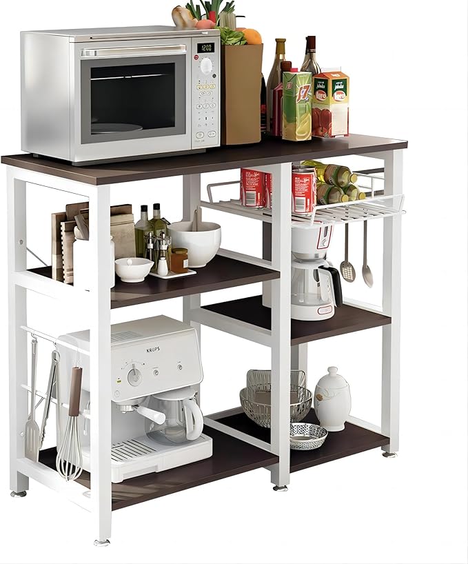 soges 3-Tier Kitchen Baker's Rack with Storage, Microwave Stand, Kitchen Storage Rack, Shelf Organizer, Coffee Bar Station, Workstation Cart, Walnut Black