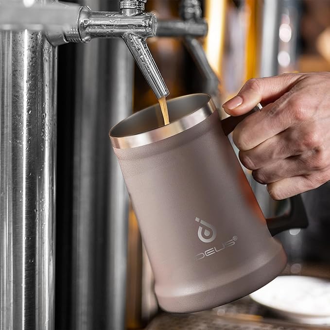 Ideus Insulated Beer Stein, 24/32oz Stainless Steel Double Walled Beer Mug Giant Bar Drinkware Metal Beer Cup with Big Grip Handle (Dusty Pink, 34oz (1,000ml))