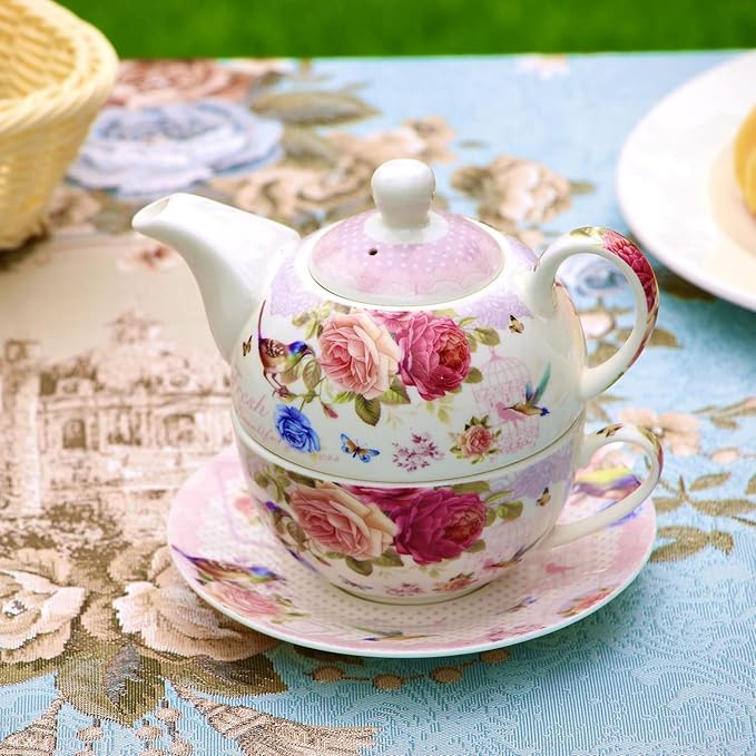 ONEUSTAR Tea for One Set Ceramic Floral Teapot and Cup Saucer Set for Women Mother's Day Birthday Gift in Reusable Handmade Gift Box, Pink