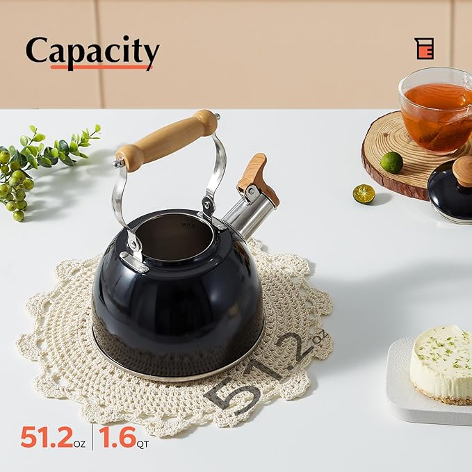 ROCKURWOK Tea Kettle, Tea Pot with Cool Touch Ergonomic Handle, Teapot Food Grade Stainless Steel, Tea Kettle Stovetop, Kettle Teapot, Whistling Tea Kettle, Small Tea Pot, 1.6 Quart (Black)