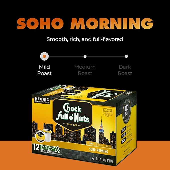 Chock Full o'Nuts Soho Morning Coffee, Mild Roast, Compatible with K-Cup Pods, 12 CT (Pack of 6)