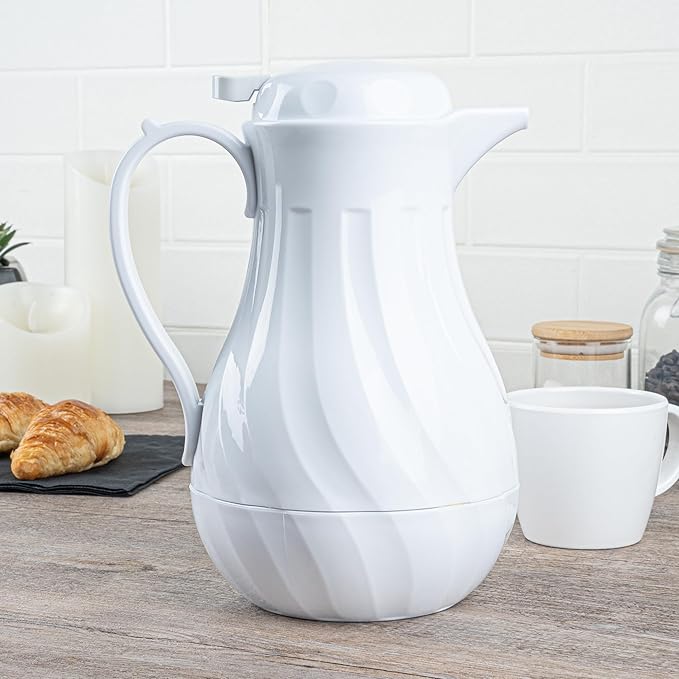Restaurantware-Restpresso 42 Ounce Coffee Carafe, 1 Insulated Coffee Server - Push-Button Top, Swirl Design, White Plastic Pitcher, Built-In Handle, With Identification Tags