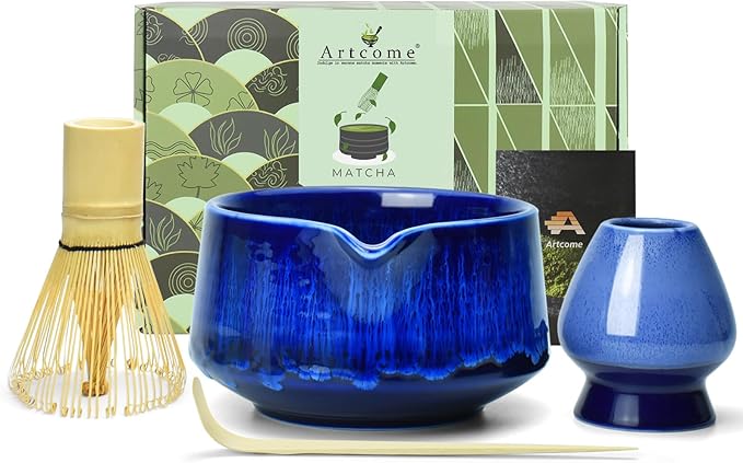 Artcome Matcha Tool Set - Complete Kit with Matcha Bowl with Spout, Bamboo Whisk, Tea Scoop & Whisk Holder, Glaze Blue