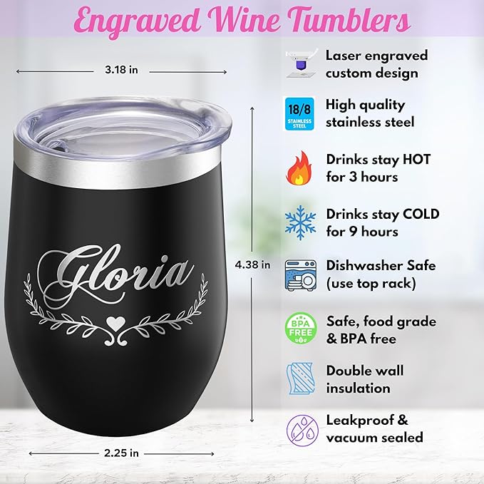 Gifts Inscribed Personalized Wine Tumbler with Lid – Black Custom Engraved Stainless Steel Insulated Mug for Hot & Cold Drinks – Customized Bridesmaid, Wedding, or Birthday Gift