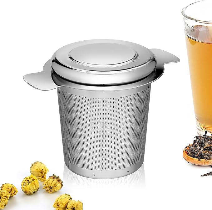 LHS Loose Leaf Tea Infuser, Tea Filter, Stainless Steel Infuser Basket, Extra Fine Mesh Tea Strainer for Loose Tea, Perfect Size Double Handles, Tea Infuser with Lid Fits Most Tea Pots, Mugs, Cups