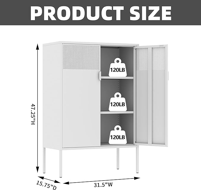 Metal Storage Cabinet,2 Door TV Stand, Metal Mesh Accent Cabinet,Magnetic Door Closure,Low Storage Cabinets with Doors and Shelf for Home,Office,Living Room