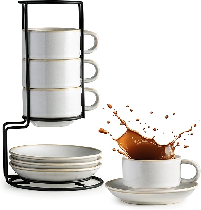 Gomakren 6 Ounce Cappuccino Cups with Saucers and Metal Stand, Stackable Coffee Cup Set of 4, Christmas Porcelain Espresso Cups for Coffee Drinks, Cappuccino, Latte, Americano, Tea, White