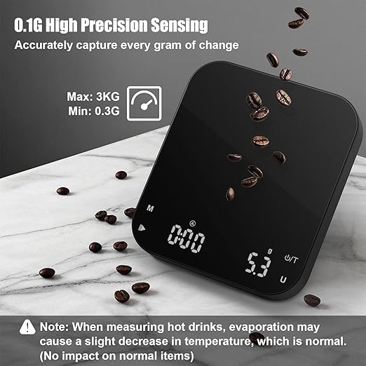 Rechargeable Coffee Scale with Timer, Diyife 3kg/0.1g High Precision Scale, 6 Units, HD LED Display, Long Battery Life, Portable Kitchen Scale for Espresso, French Press, Pour-Over Coffee