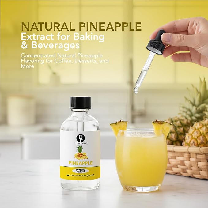 Dolce Flav Natural Pineapple Extract – 2 oz Water-Soluble Pure Pineapple Flavoring Drops for Baking, Drinks & Desserts | Highly Concentrated | Sugar Free | Allergen Free | Made in USA