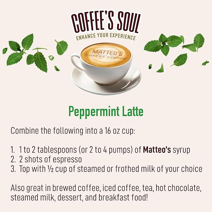 Matteo's Peppermint Syrup for Coffee, Lattes, Cappuccinos & Desserts – Sugar-Free Sweetener for Beverages, Keto Friendly, Zero Calories, Indulgent Flavor, Non-Alcoholic, Ideal for Coffee 33.8oz (1pk)