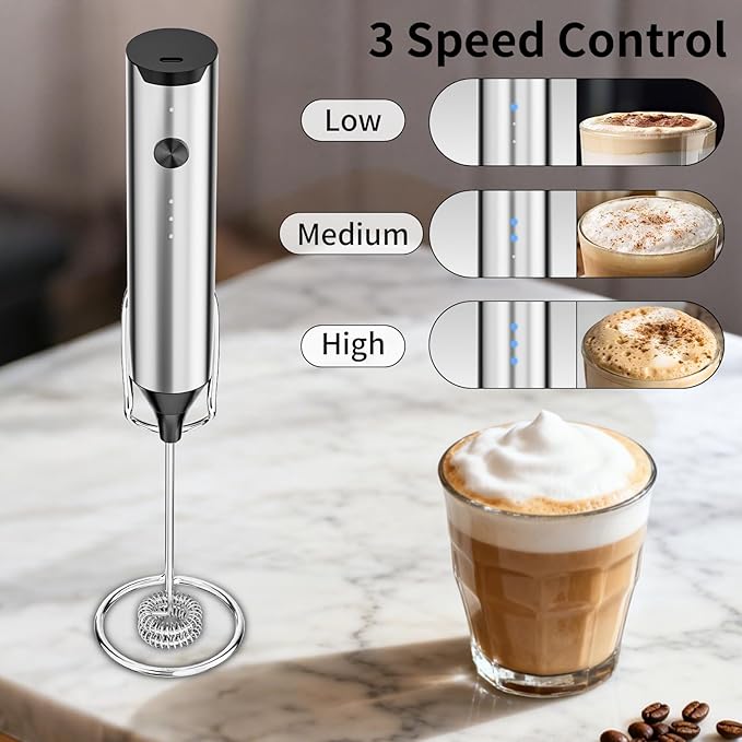 Kitchen Milk Frother Handheld with Stand, 3 Speeds Adjustable Mixer Electric Handheld Frother Wand, Hand Mixer Matcha Whisk Coffee Stirrers for Matcha, Hot Chocolate, Egg - Stainless Steel
