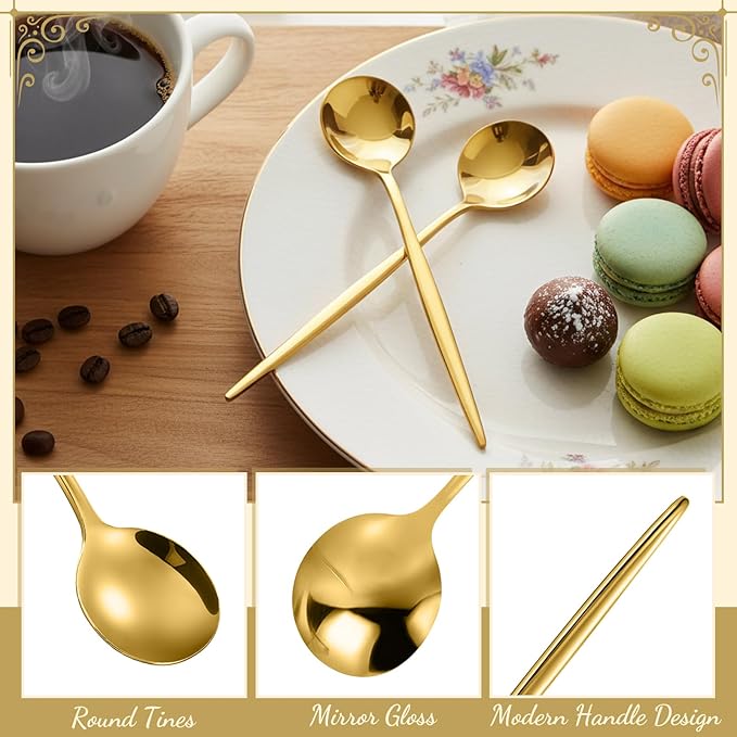 Dandat 20 Pcs 5.1" Gold Luxury Teaspoons Stainless Steel Gorgeous Tea Party Spoons Dessert Spoons for Stirring Coffee Sugar Drink Kitchen Cafe Bar Wedding Tableware, Classic Style
