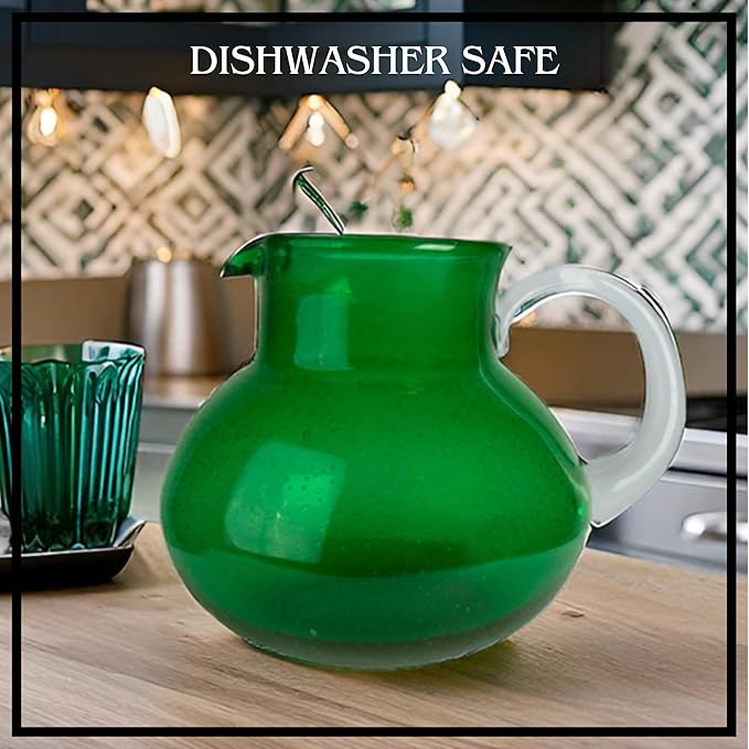 Artland Iris 90 Oz Handblown Glass Pitcher - Bubble Shape, Lead-Free - Versatile Drink Dispenser for Water, Juice, Cocktails - Enhanced Kitchen Decor, Dishwasher Safe (Green)