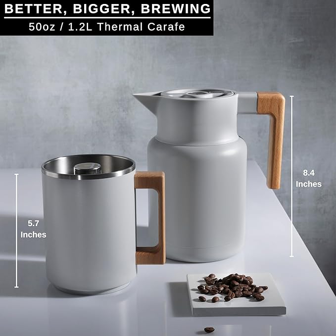 HASTINGS 50 Oz Pour Over Coffee Maker Set with Double Layer Reusable Stainless Steel Filter 8-Cup and Wood Handle - Dual Wall Heat Resistant Drip Coffee Brewer, Pour Over Coffee Dripper Carafe, Gray