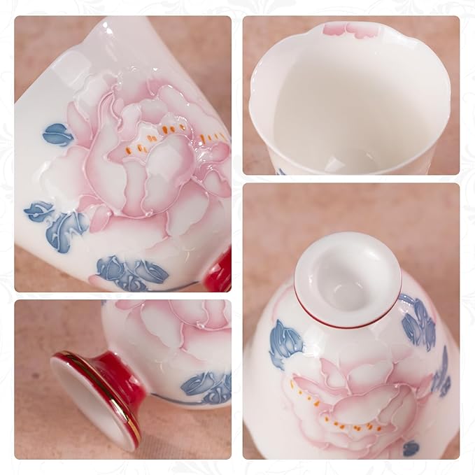 KAMMAK Tea Cup Set of 2 Small Tea Cups 2.8oz Floral Porcelain Tea Cup Set, Asian Ceramic Teacups for Home, Party, Office, Chinese Kung Fu Tea Set for Hot/Cold Drink