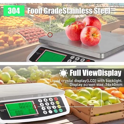 Large Digital Kitchen Scale 30KG Commercial Food Scale 66LB for Baking Bread Meat Stainless Steel Price Computing Scale LCD Display,Prep Counting Scale for Parts and Coins Adapter Included (Black)