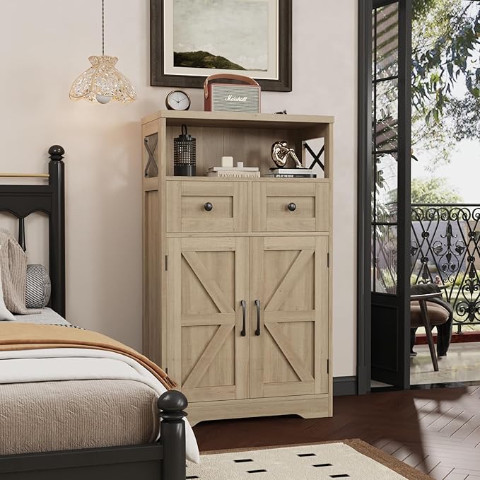 Natural Wood Storage Cabinet with Drawers and Shelves, Standing Kitchen Pantry Cabinet, Floor Storage Cabinet Hutch Cupboard, Coffee Bar Station for Dining Living Room Home Office