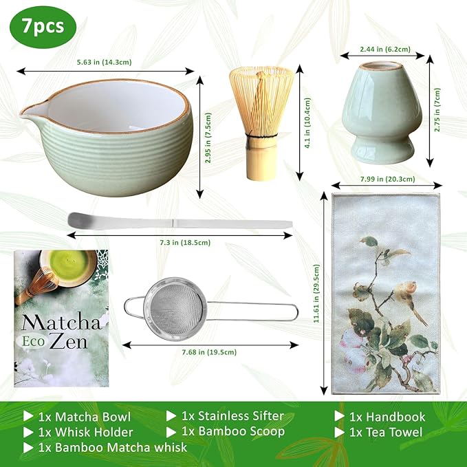 AROU - Matcha Eco Zen 7Pcs Matcha Set Whisk and Bowl, Small Whisk with Holder, Tea Cloth, Sifter, Bamboo Scoop – Spill Free Ceremonial Grade Japanese Tea Set with Handbook – Ideal for Beginners