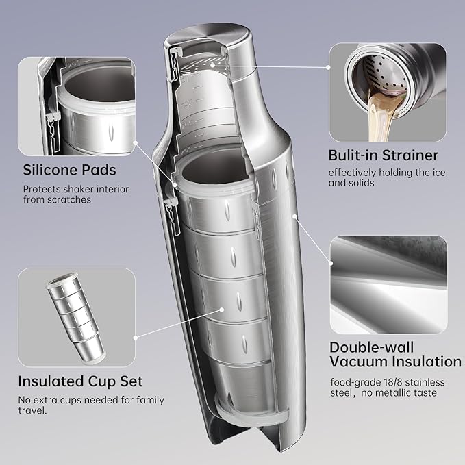 Hybrid Cocktail Shaker Set with Stackable Cups | Vacuum Insulated Stainless Steel Martini Shaker & Bartender Tools | Travel-Ready Kit | 30oz | Gold
