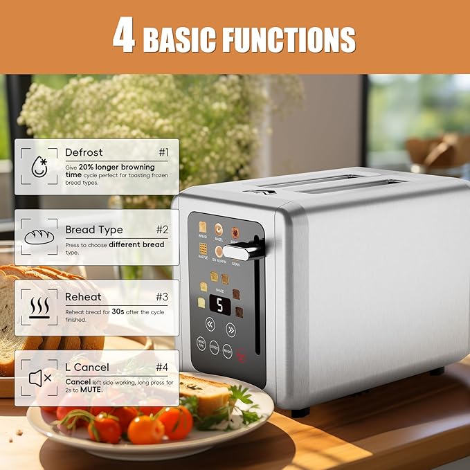 2 Slice Toaster,Touchscreen & Dual Independent Control Panel,5 Basic Functions & Digital Countdown Toasters,6 Shade Settings＆6 Bread Types,Smart Bread Maker Mute/Screen-Off,Platinum