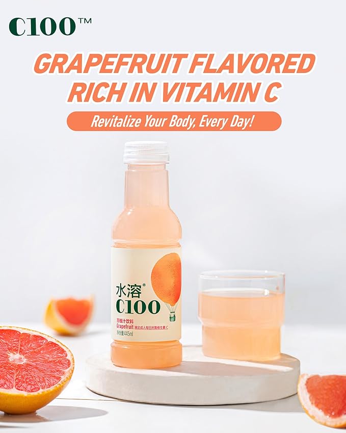 C100 Grapefruit Flavored Composite Juice Drink，100mg Vitamin C Per Bottle, 12% Real Fruit Juice, -15 fl oz, 445mL, 15 Pack