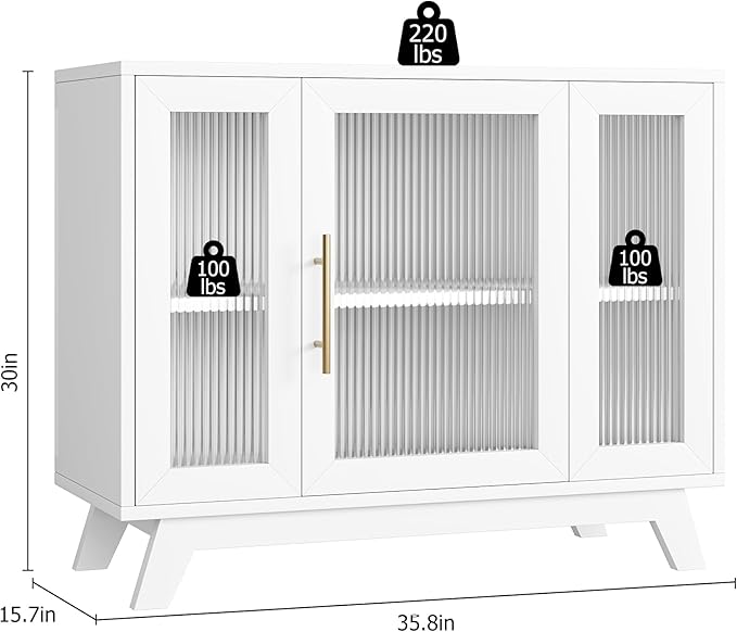 GarveeHome 36 Inch Coffee Bar Buffet Cabinet with Fluted Glass Doors and Gold Handles, Modern Sideboard Storage with Adjustable Shelves, for Kitchen Dining Room Living Room Entryway, White