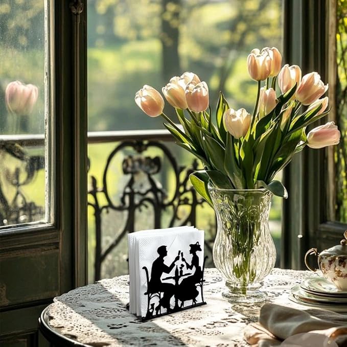 A Couple Dining Decorative Black Metal Napkin Holder for Table, 5.3" x 4.9" x 1.9" Silhouette of Couple Standing Napkin Holder for Home Kitchen Restaurant Picnic Party Coffee Bar Dining Room