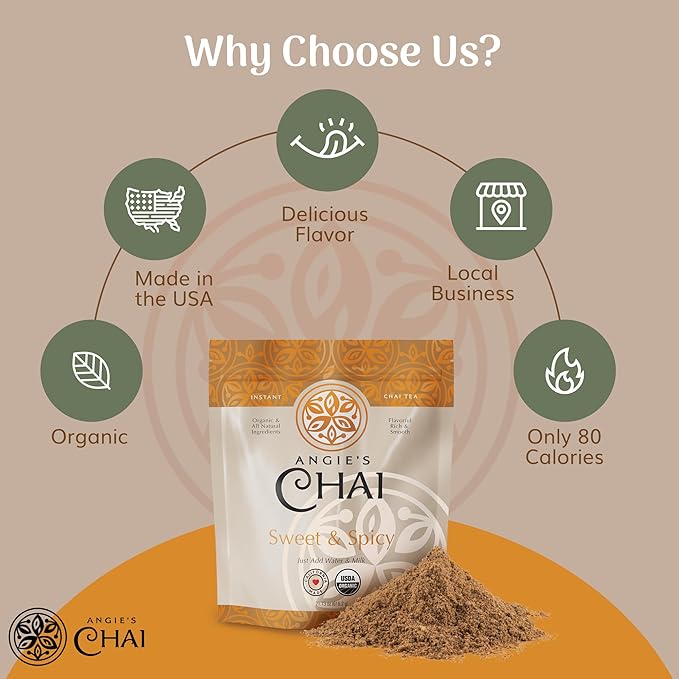 Angie's Chai Sweet & Spicy Organic Instant Chai Tea Powder - Made in USA, Delicious Spiced Chai Powder Mix, 30 Servings, 80 Calories, Handcrafted, Free of Artificial Ingredients, Natural Indian Spice