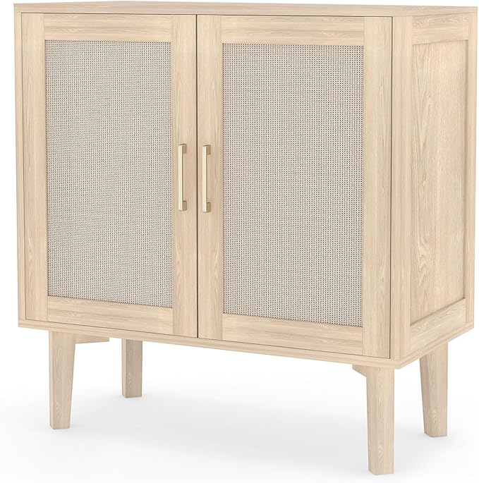 Bigroof Rattan Cabinet, Modern Accent Buffet Cabinet with Magnetic Doors, Sideboard Buffet for Hallway, Entryway, Living Room, or Kitchen (Oak)