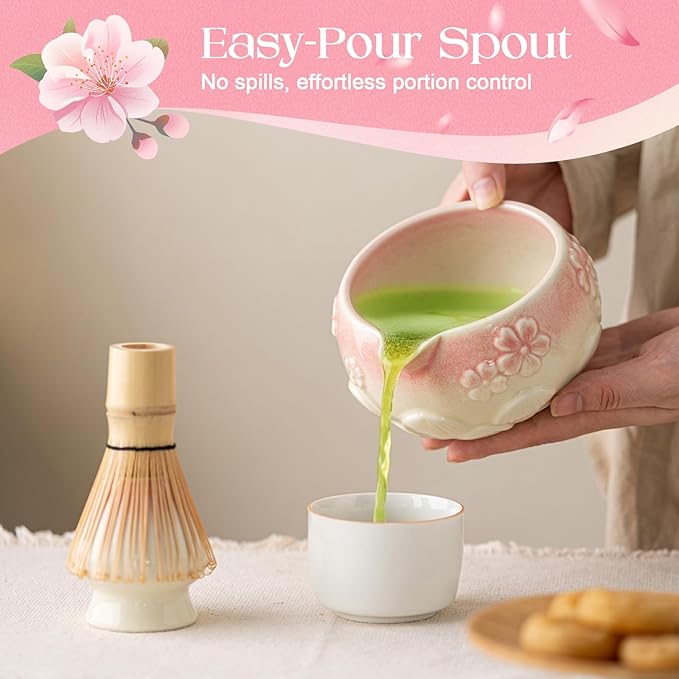 Matcha Whisk Set, 8 Pcs Matcha Kit Set With Pink Cherry Blossom Embossed Pattern Includes 18 OZ Bowl, Bamboo Whisk, Ceramic Holder, Bamboo Scoop x2, Scoop Rest, Stainless Sifter and Tea Towel