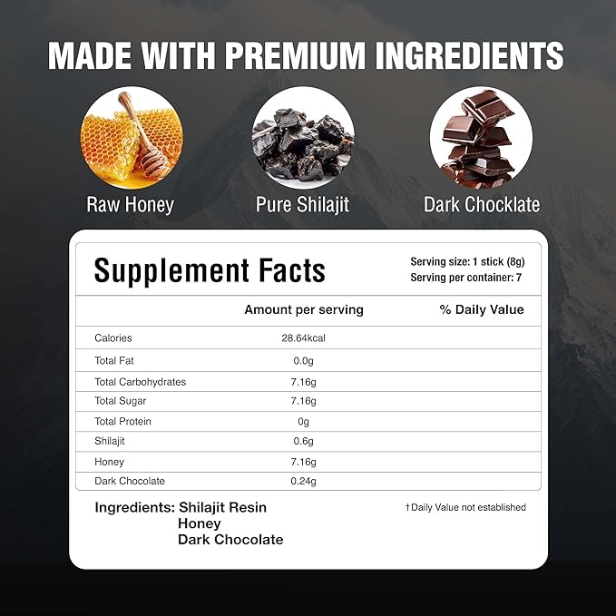Pure Himalayan Shilajit Sticks with Organic Honey & Cinnamon (7 Count) | Easy Single Use Shilajit Sticks | Boosts Energy & Immunity with 85+ Trace Minerals, 75%+ Fulvic Acid