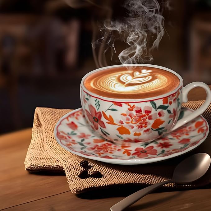 Cups and Saucers Coffee Tea Cups Set of 2 (7.4 oz/ 220ml) Ceramic Cup Espresso Mug Floral Porcelain Vintage Flower Pattern for Gifts, Gatherings, Receptions,Breakfast, Home