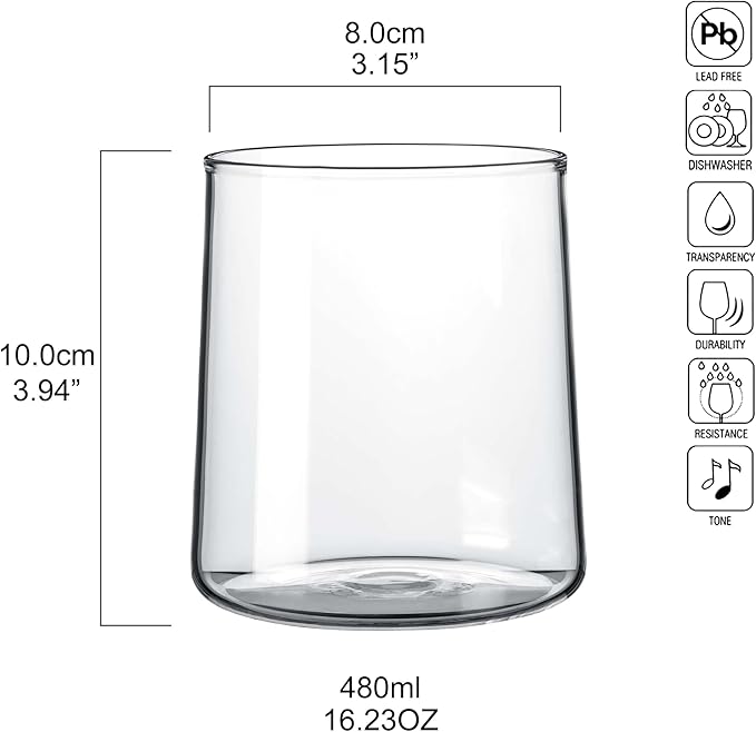 Joseph Sedgh Collection Clear Glass Tumbler Set of 4 – 16.5 oz Borosilicate Drinking Glasses – Durable, Lead-Free, Dishwasher Safe – Modern Water, Juice, Cocktail Glasses
