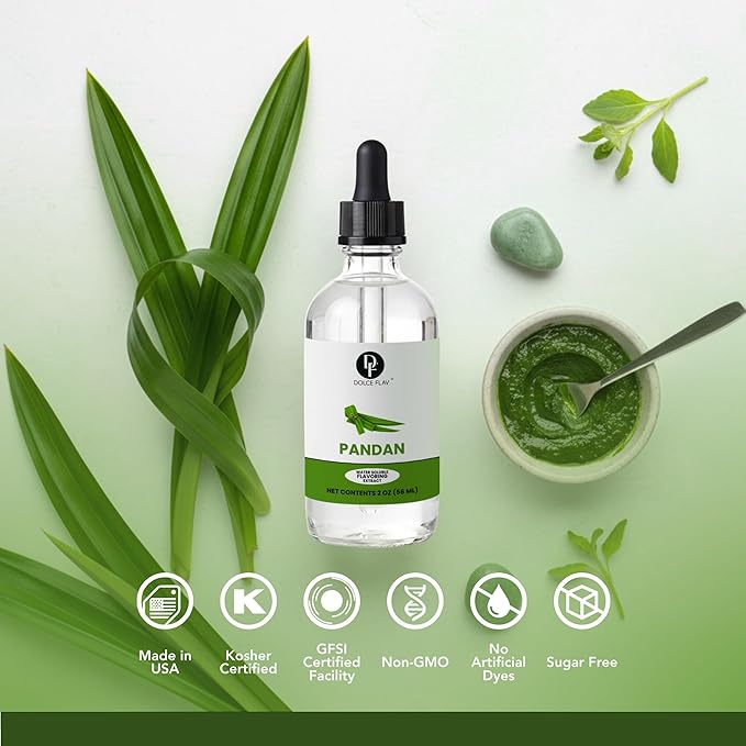 Dolce Flav Pandan Extract, Water Soluble – 2 oz | Southeast Asian Flavoring for Baking, Desserts, Beverages & Syrups – Sugar Free, Kosher, Allergen Free