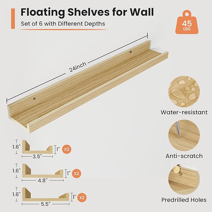 Fun Memories Picture Ledge Shelf, 24 Inch Long Floating Shelves Set of 6, Picture Shelf for Wall with Lip, Large Nursery Book Shelves for Storage, Wall Shelves for Living Room Bedroom Kitchen, Oak