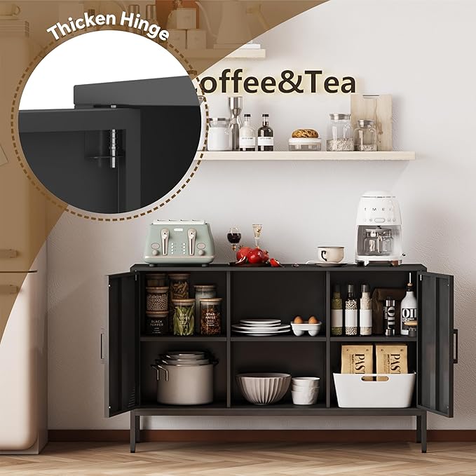 Metal Storage Cabinet,Metal Black TV Stand,Coffee Bar Buffet Cabinet Kitchen Sideboard Storage with Adjustable Shelves for Living Room Bedroom