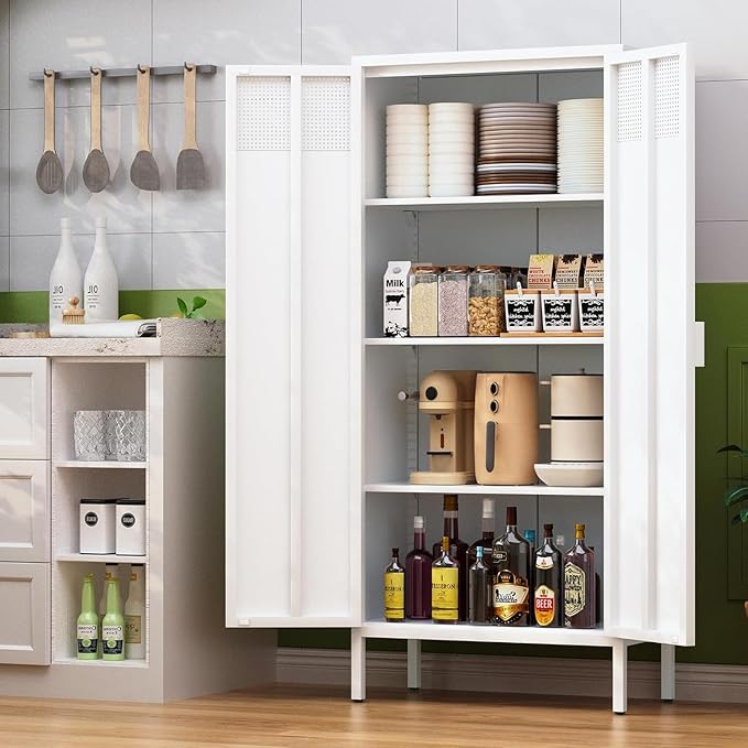 Metal Storage Cabinet with 2 Doors and 3 Adjustable Shelve,61" White Kitchen Pantry Storage,Office Steel Cabinets Locker for Kitchen,Living Room,Dining Room,Home,Office