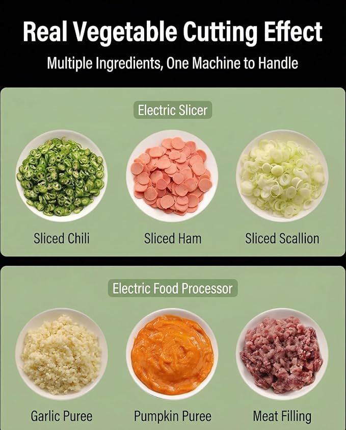 Multi functional vegetable slicers， chili ring and scallion slicer, vegetable slice, ginger, garlic slices, electric wireless food processor, portable charging device