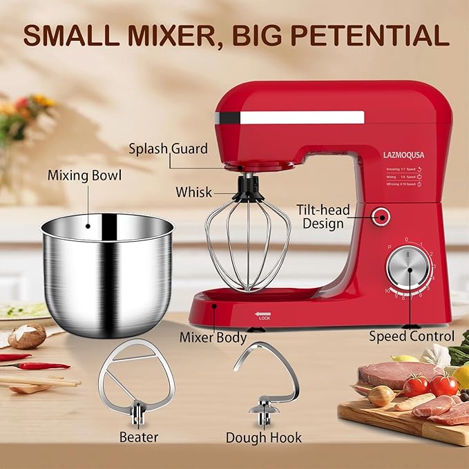 3 in 1 Electric Stand Mixer with 5.5 Quart Bowl, Household Food Mixer 10+p Speeds, Kitchen Tilt-Head Bread Dough and Cake Mixers for Home Daily Use (Red)