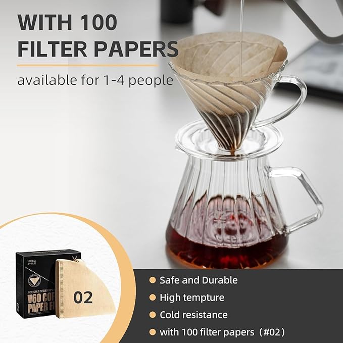 Coffee Dripper, Resuable Pour Over Coffee Maker With Handle, Slow Brewing Coffee Pour Over for Cafe, Travel, Home&Offices with 100 Filter Papers (Borosilicate Glass, 1-4 Cups)