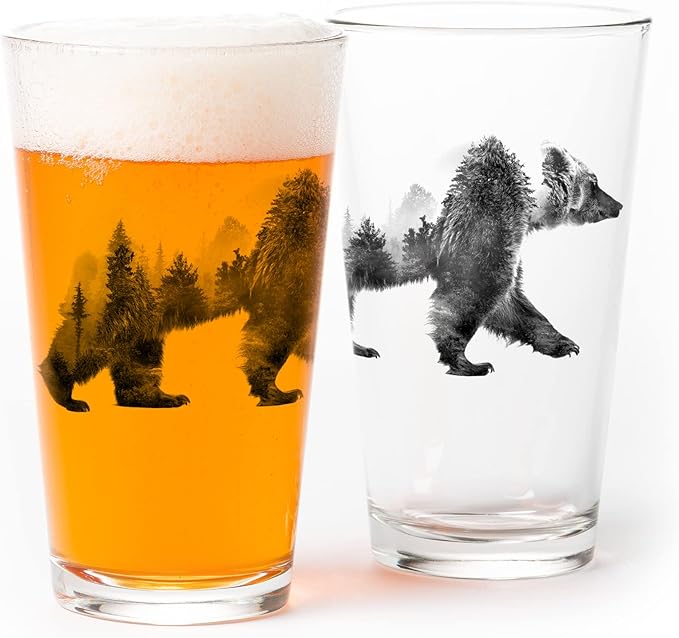 Black Lantern Pint Glasses Set of 2 – Double Exposure Bear Pint Glasses for Craft Beer Enthusiasts - Set of Two 16oz. Glasses