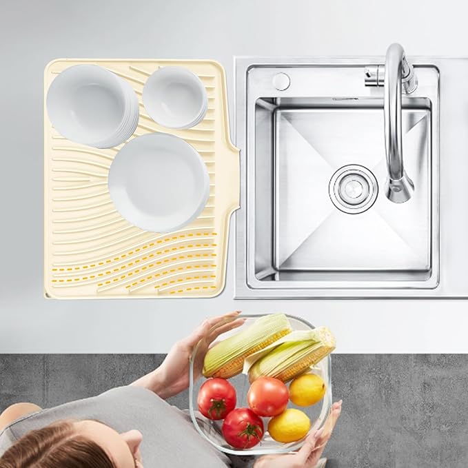 Silicone Dish Drying Mat for Kitchen Counter, Dish Drying Pad, Non-Slip Drain Pad with Built-in Drain, Heat Resistant Stone Drying Mat(Yellowish 15.8" x 13")