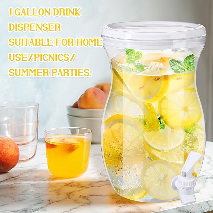 Havawish 2 Pcs 1 Gallon Plastic Beverage Dispenser with Spigot Clear Summer Kitchen Fridge Drink Dispenser for Parties Lemonade Juice Tea Beer Cold Water(White,Gourd)