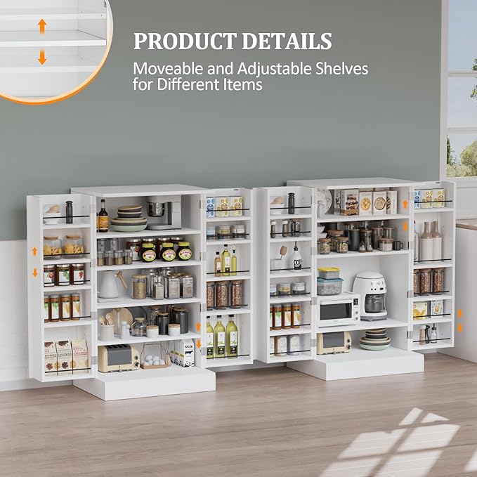 VINGLI Pantry Cabinet, 40.5" H Food Storage Freestanding Cupboard for Small Space in Dining Room, Living Room, White Kitchen Storage Cabinet with 2 Doors and Adjustable Shelves