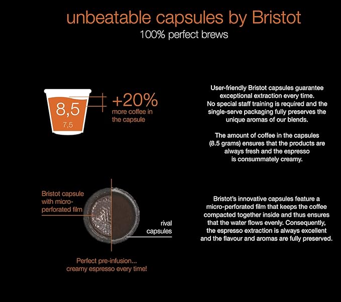 Bristot 100% Arabica Espresso Capsules – Compatible with Lavazza Blue* Machines – Smooth & Aromatic – Notes of Chocolate & Biscuits – 50 Count