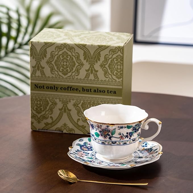Floral Ceramic Cup Bone China Tea Cup and Saucer Set 6.8 Oz Gold Trim Vintage Style Porcelain Coffee Cup for Home Kitchen Office, Style 1