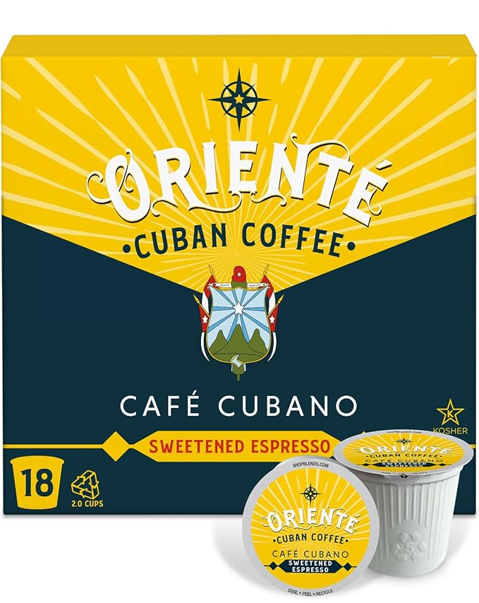 Oriente Sweetened Espresso Coffee Pods, 18 ct, Dark Roast Flavored Cuban Inspired Coffee in Recyclable Single Serve Pods - 100% Arabica Coffee, Compatible with Keurig K Cups Maker