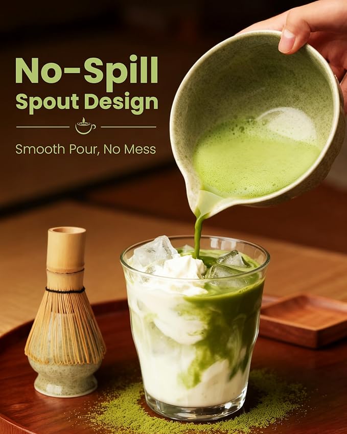 Handcrafted Matcha Kit, 7-Piece Green Tea Set, Includes Ceramic Bowl, Bamboo Whisk, Stainless Steel Sifter, Bamboo Scoop, Whisk Holder & Cotton Towel, Perfect for Tea Ceremony, Green Xiheng