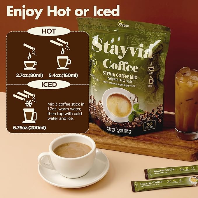 STAYVIA COFFEE Stevia Instant Coffee Packets - Korean Instant Latte with Sugar-Free & Low Calories - 30 Sticks (0.33oz) - Plant-Based Sweetener - Enjoy Caffeine Hot & Cold at Office, Home & Travel